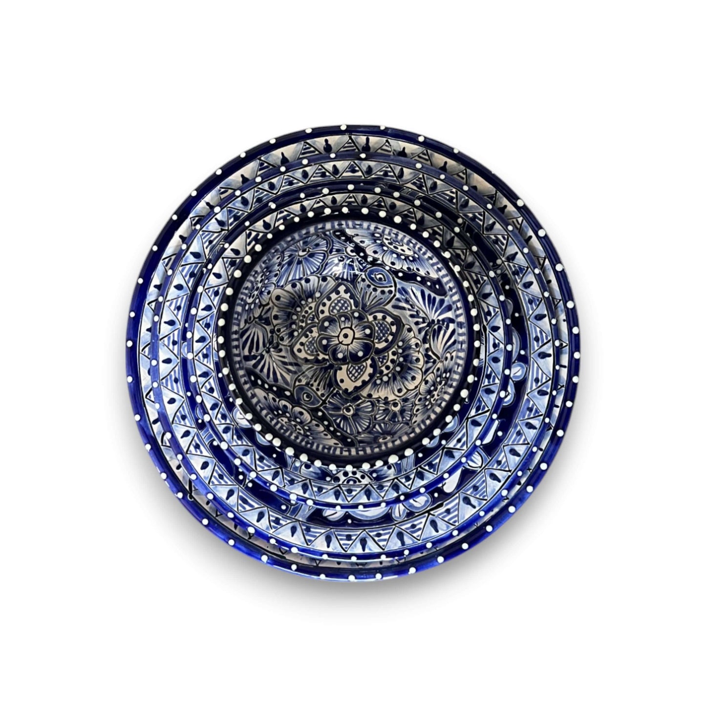 Talavera Dinnerware Set | 40-Piece Blue & White Tableware for 8 - hand-painted blue and white Mexican ceramic dinner plate with floral Talavera design