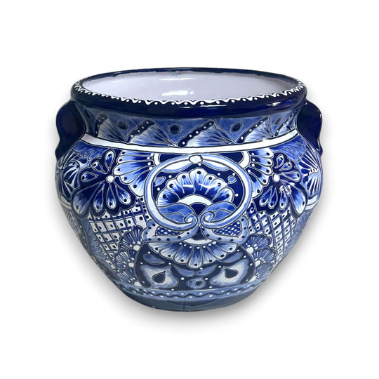 Handcrafted Talavera Planter | Blue & White Flower Pot showcasing cobalt rim, intricate hand-painted blue and white floral patterns, kiln-fired, lead-free glaze