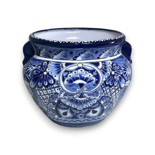 Handcrafted Talavera Planter | Blue & White Flower Pot showcasing cobalt rim, intricate hand-painted blue and white floral patterns, kiln-fired, lead-free glaze