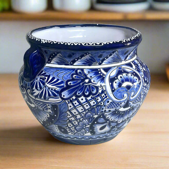 Handcrafted Talavera Planter | Blue & White Flower Pot - hand-painted cobalt rim floral ceramic planter from Guanajuato, Mexico