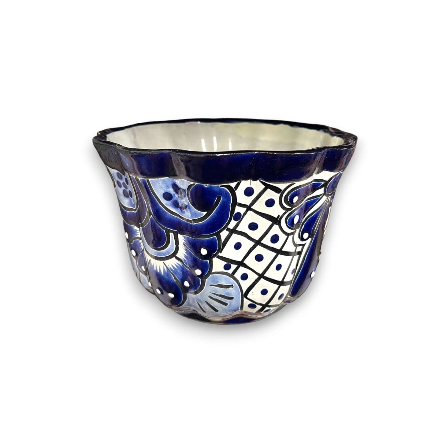 Talavera Flower Pot | Handcrafted Blue & White Mexican Ceramic - cobalt blue floral hand-painted ceramic planter, kiln-fired with lead-free glaze