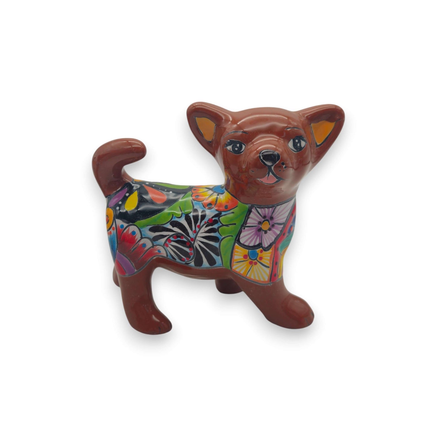 Talavera Chihuahua Dog Figurine | Handcrafted Mexican Art - glossy brown hand-painted Talavera chihuahua with vivid floral and geometric patterns