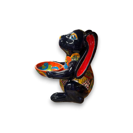 Vibrant Handcrafted Talavera Bunny Statue | Mexican Folk Art Feeder hand-painted kiln-fired lead-free glaze decorative feeder