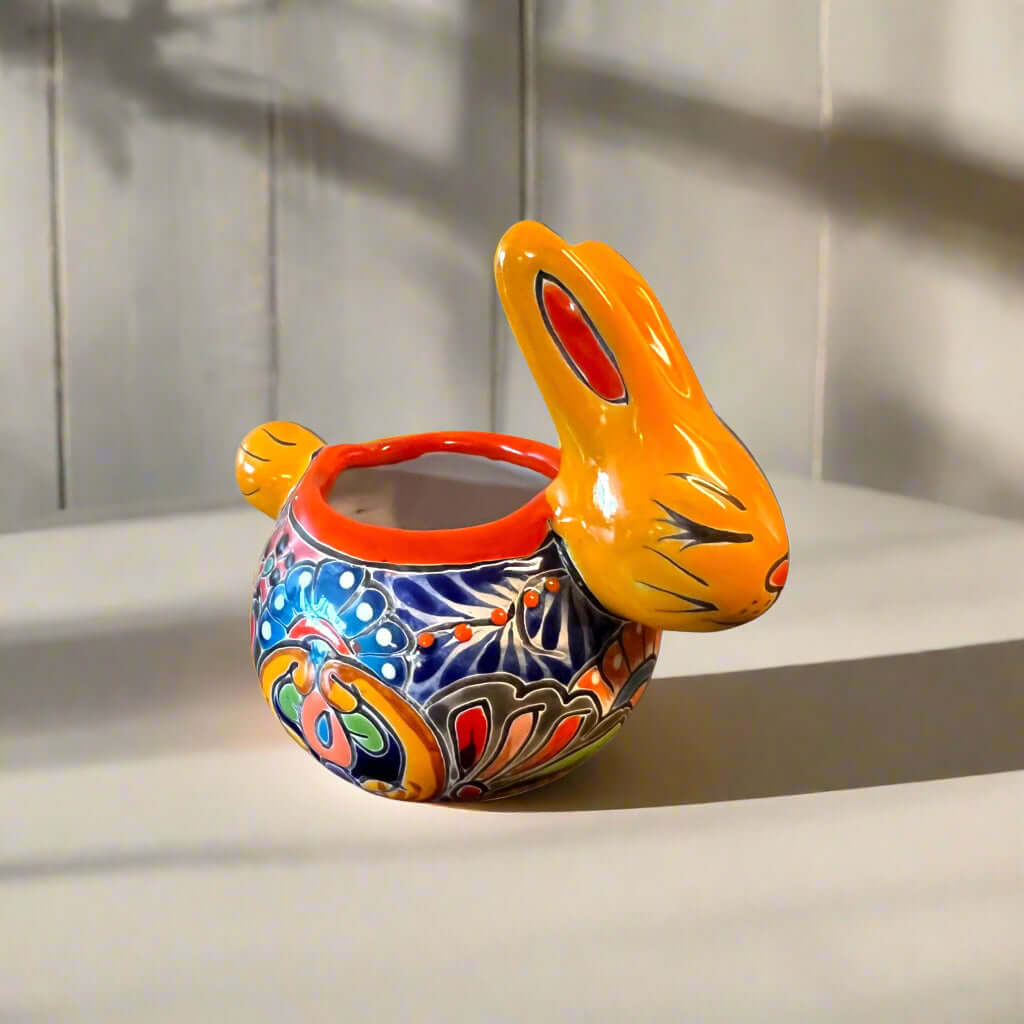 Talavera Rabbit Planter | Handcrafted Mexican Bunny Pot - hand-painted colorful ceramic rabbit planter from Guanajuato, Mexico