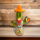 Talavera Cactus Statue | Colorful Handcrafted Mexican Art - hand-painted Talavera cactus with sombrero from Guanajuato, vibrant folk-art statue