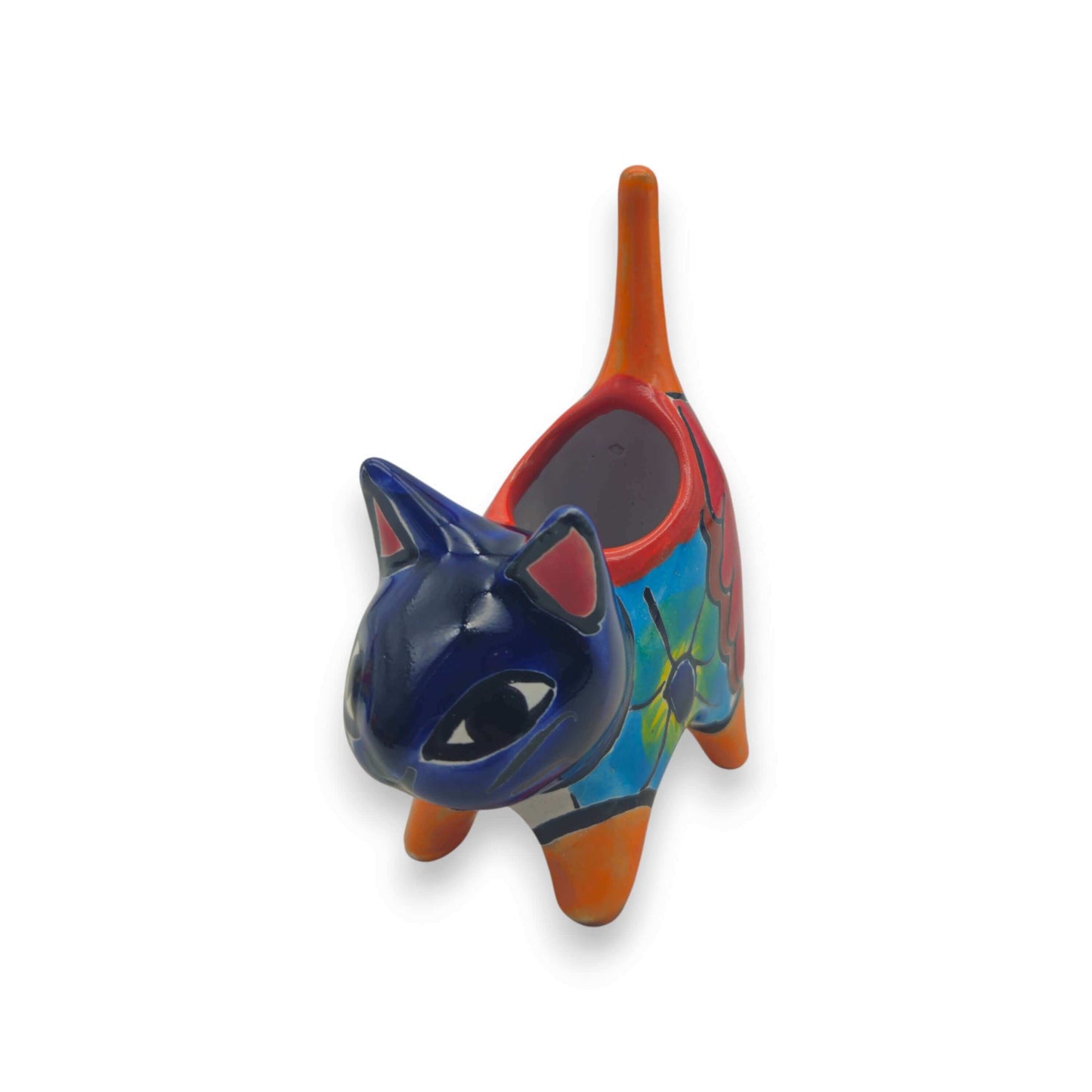 Vibrant Talavera Cat Planter | Handcrafted Mexican Pottery - hand-painted cat-shaped planter with colorful floral motifs for succulents