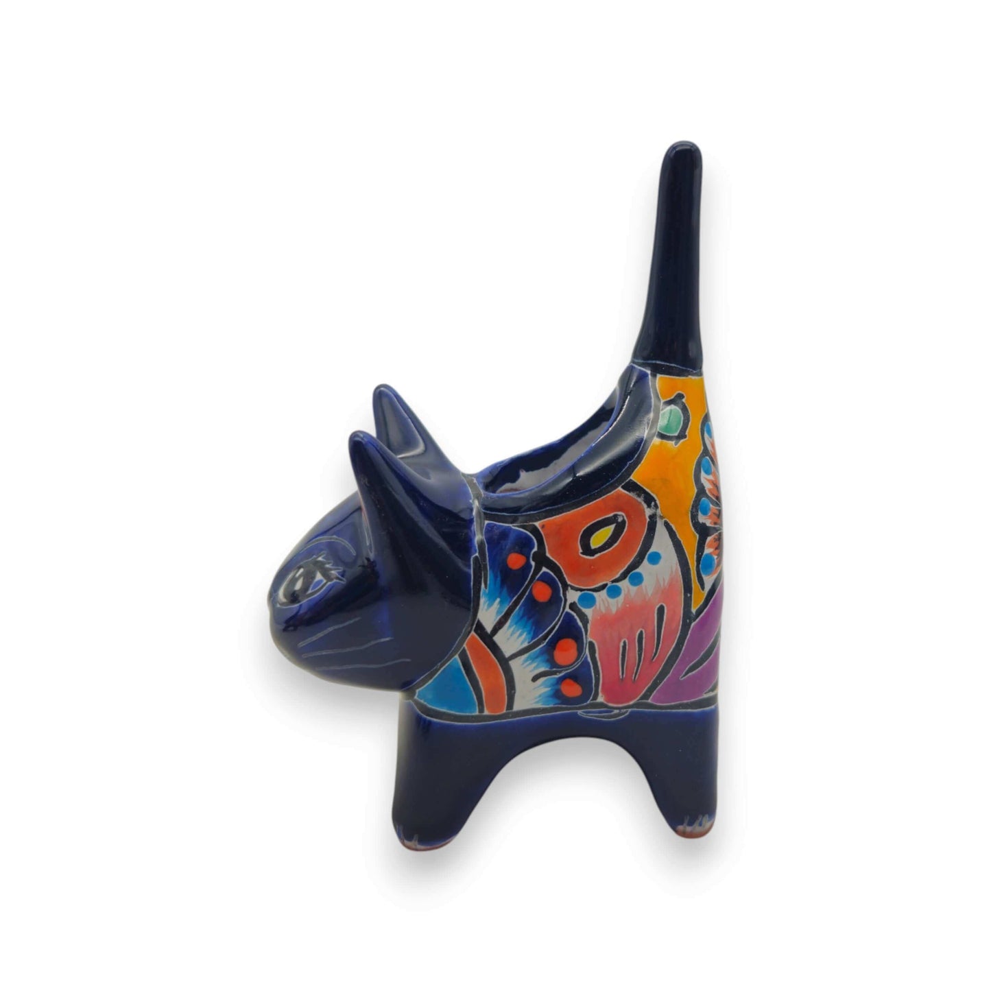 Vibrant Talavera Cat Planter | Handcrafted Mexican Pottery - hand-painted blue cat-shaped planter with floral folk motifs