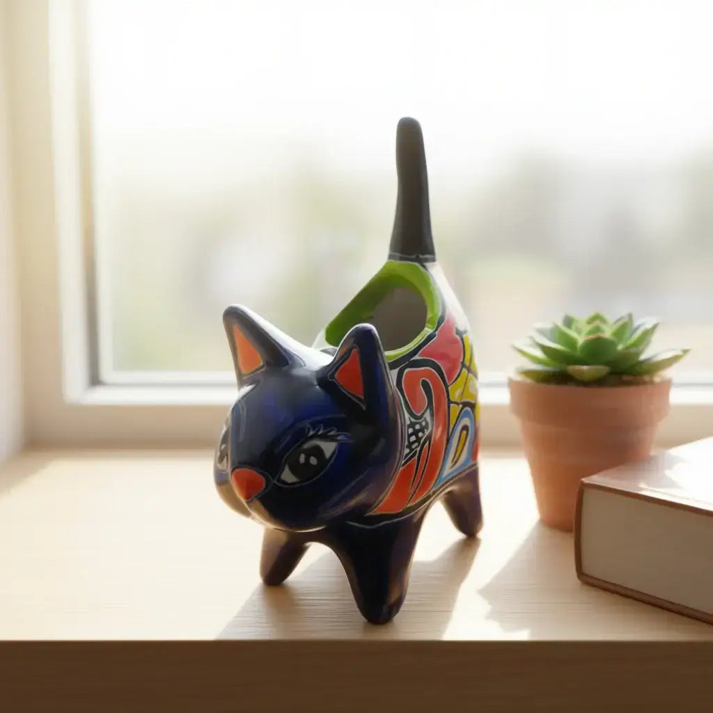 Vibrant Talavera Cat Planter | Handcrafted Mexican Pottery - hand-painted cat-shaped planter with floral and geometric motifs for succulents