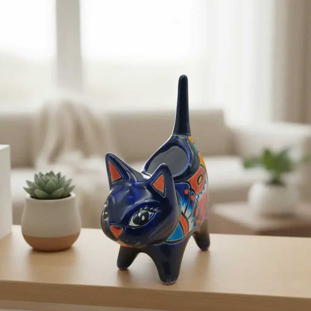 Vibrant Talavera Cat Planter | Handcrafted Mexican Pottery - hand-painted blue cat-shaped planter with floral motifs for succulents