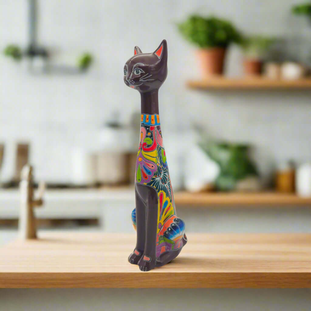 Colorful Talavera Cat Statue | Handcrafted Mexican Art - tall dark-bodied handcrafted Talavera cat with vivid hand-painted floral and geometric patterns