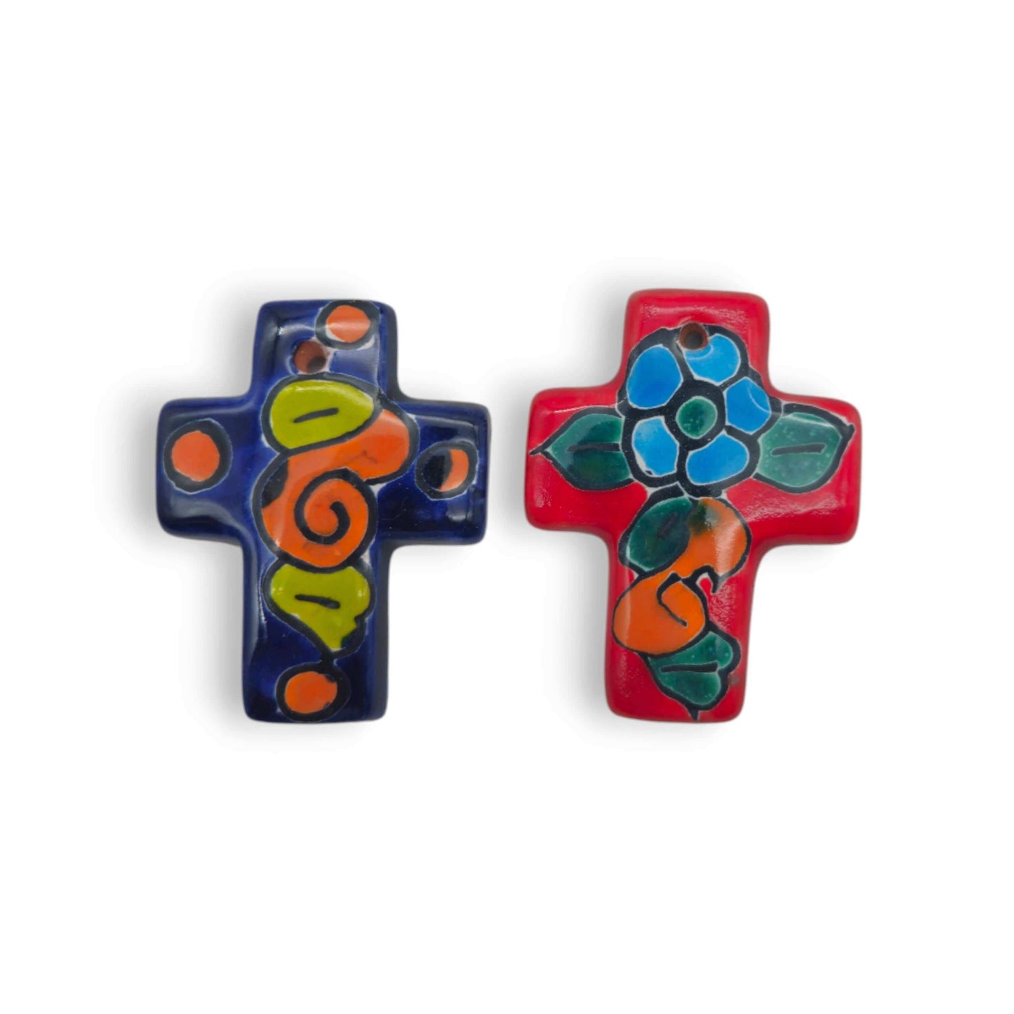 Set of 2 Tiny Talavera Crosses | Handcrafted Mexican Art - colorful hand-painted blue and red ceramic crosses with floral and geometric motifs