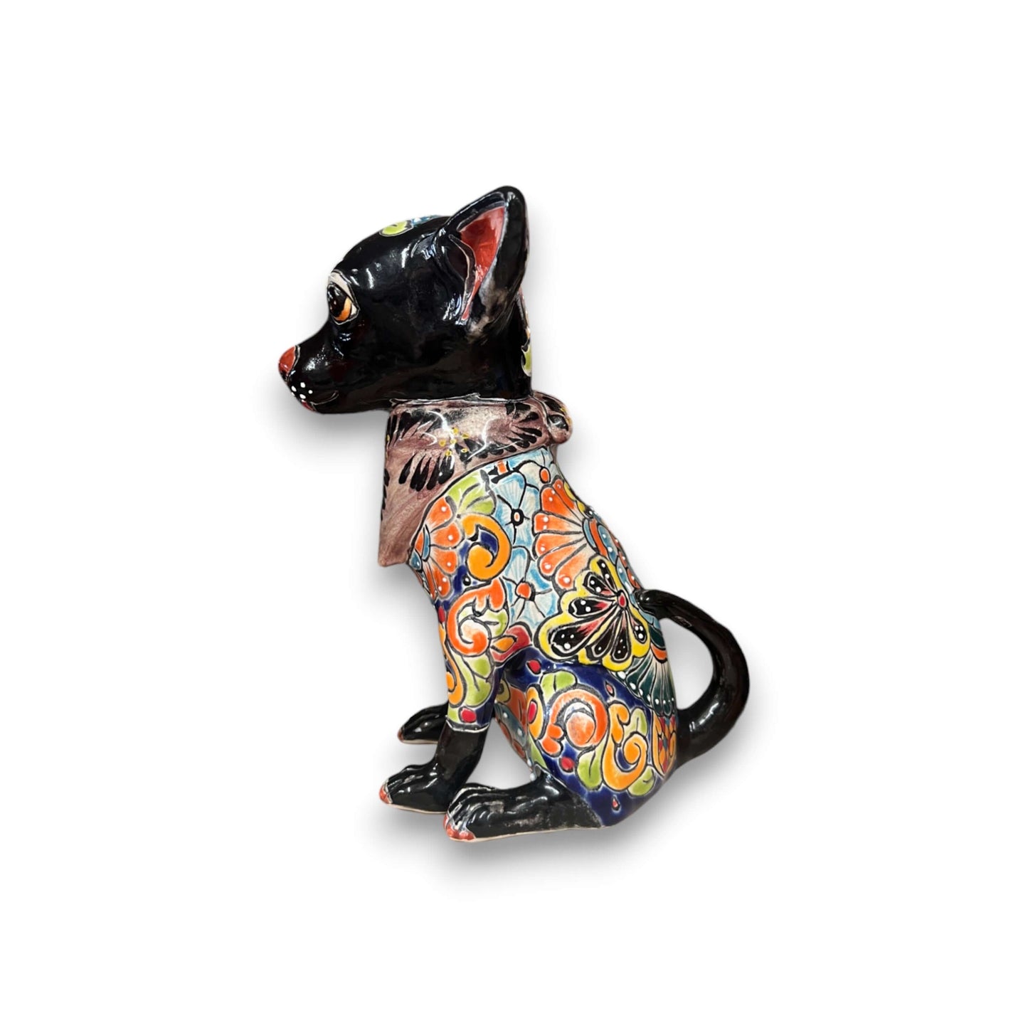 Talavera Chihuahua Statue | Handcrafted Mexican Dog Figurine - 8" hand-painted black chihuahua figurine with colorful Talavera floral pattern