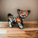 Handcrafted Talavera Chihuahua Statue | Medium Day of the Dead Pottery Art - hand-painted Mexican Talavera dog with floral skull design
