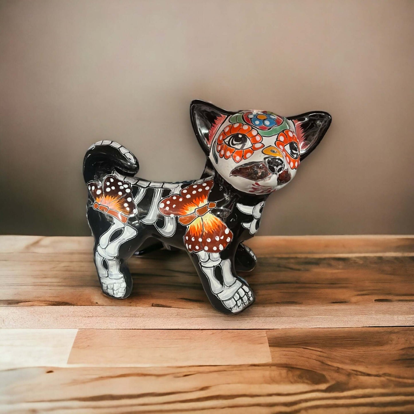 Handcrafted Talavera Chihuahua Statue | Medium Day of the Dead Pottery Art - hand-painted Mexican Talavera dog with floral skull design