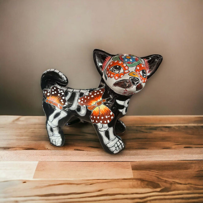 Handcrafted Talavera Chihuahua Statue | Medium Day of the Dead Pottery Art - hand-painted Mexican Talavera dog with floral skull design