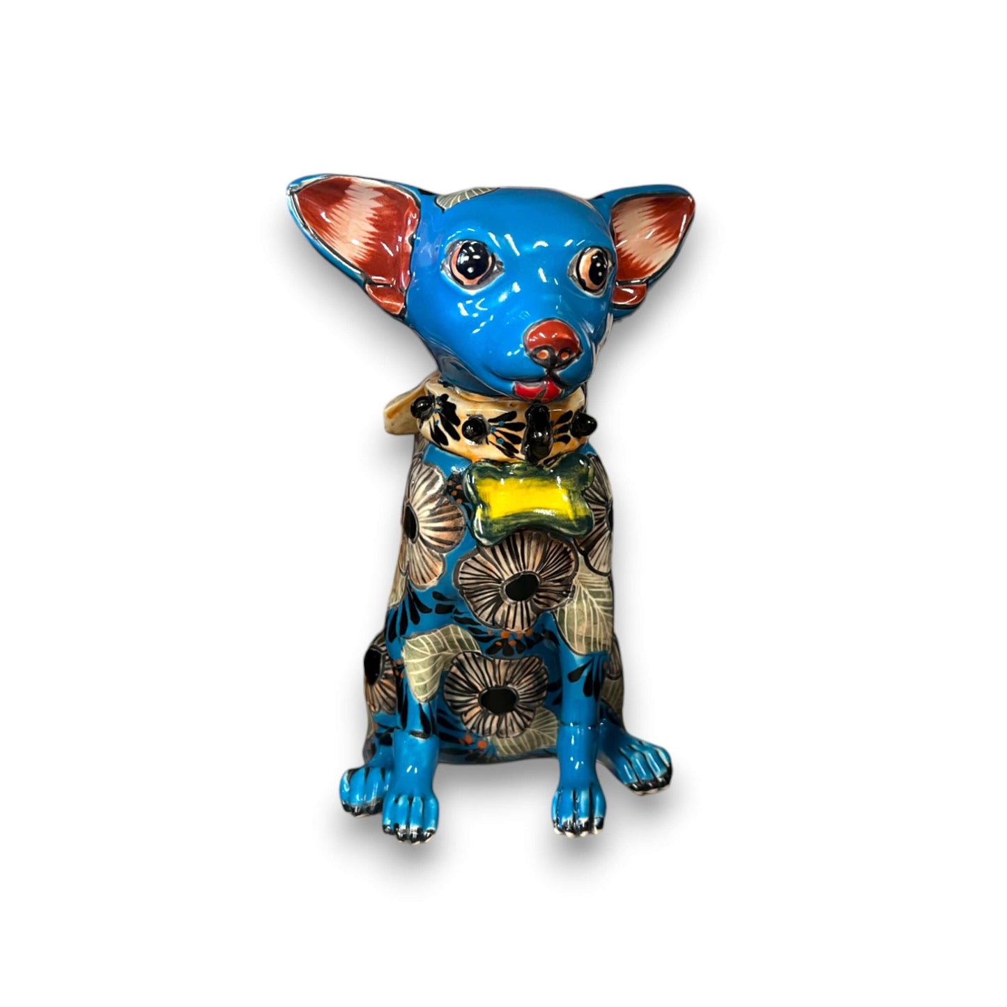 Talavera Chihuahua Statue | Handcrafted Mexican Dog Figurine - 8in hand-painted blue Talavera chihuahua figurine with floral patterns