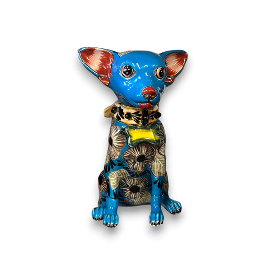 Talavera Chihuahua Statue | Handcrafted Mexican Dog Figurine - 8in hand-painted blue Talavera chihuahua figurine with floral patterns