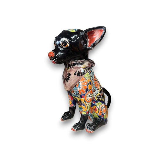 Talavera Chihuahua Statue | Handcrafted Mexican Dog Figurine - 8" hand-painted kiln-fired black chihuahua with colorful Talavera patterns