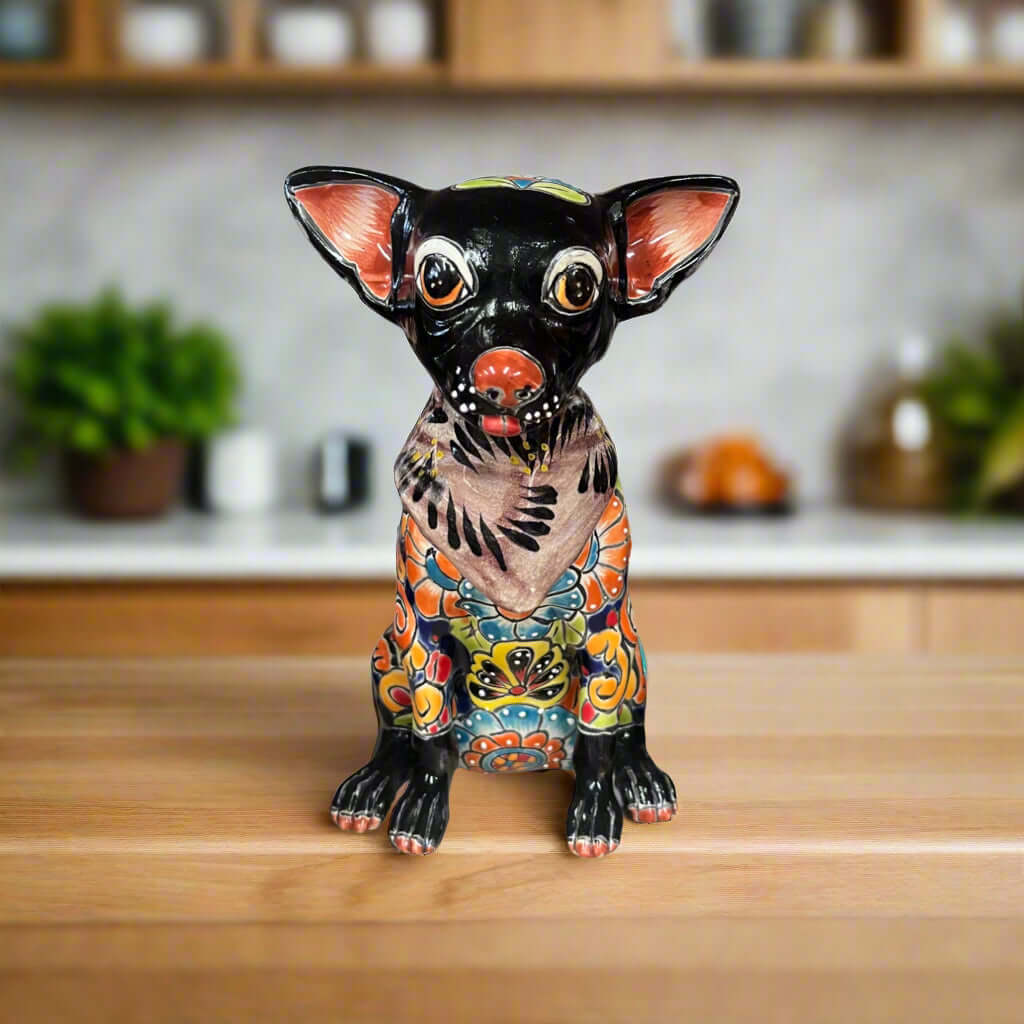 Talavera Chihuahua Statue | Handcrafted Mexican Dog Figurine - 8" hand-painted black Talavera chihuahua figurine with colorful floral patterns