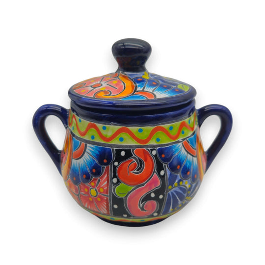 Colorful Talavera Coffee Serving Set | Handcrafted 3-Piece Set - hand-painted lidded sugar pot with vibrant floral motifs