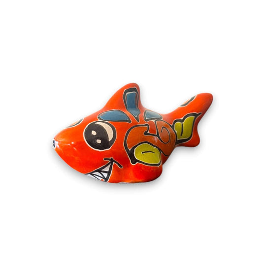 Colorful Talavera Shark Figurine | Handcrafted Mexican Pottery Decor - Hand-painted orange Talavera shark figurine from Guanajuato, Mexico