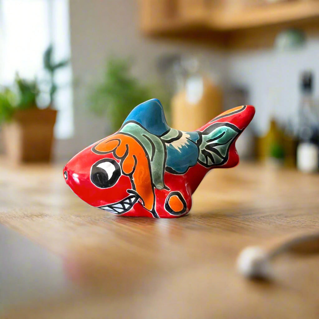 Colorful Talavera Shark Figurine | Handcrafted Mexican Pottery Decor - hand-painted Talavera shark on wooden table, kiln-fired lead-free glaze, Guanajuato