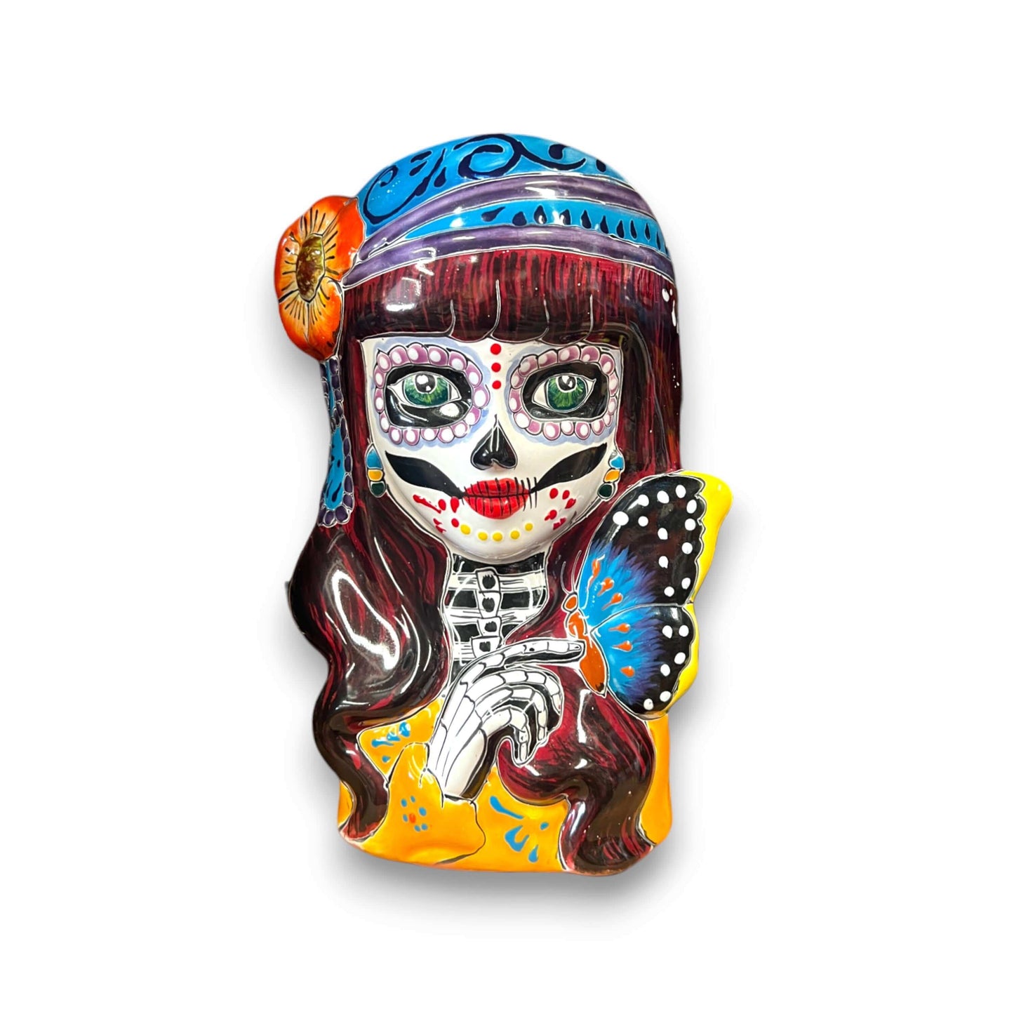Talavera Butterfly Skull Planter | Handcrafted Day of the Dead Ceramic Pot - hand-painted skull planter with butterfly and vibrant Talavera colors