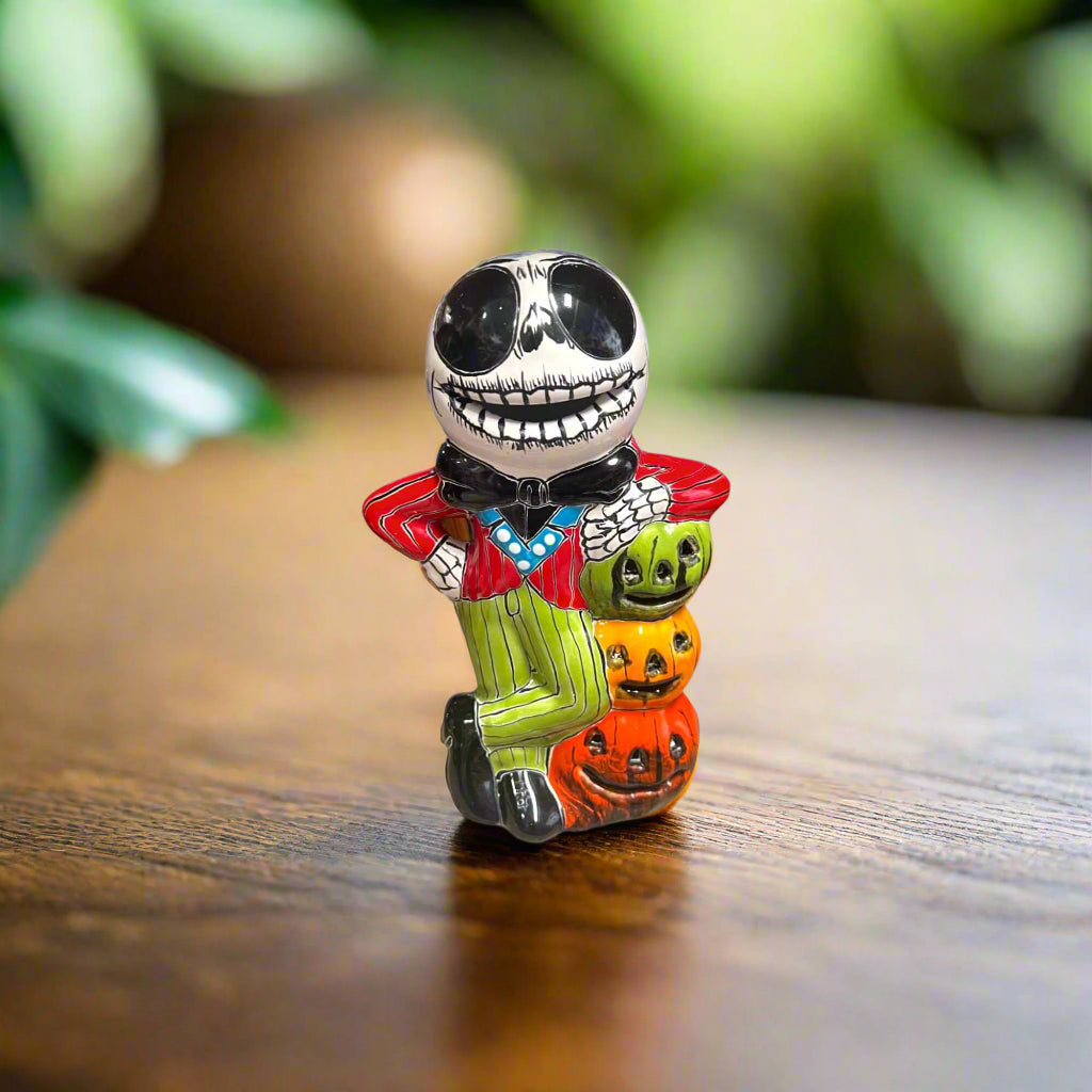 Handcrafted Talavera Skeleton Statue | Vibrant Day of the Dead Calavera Decor - hand-painted Talavera calavera figurine with stacked pumpkin design