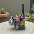 Talavera Cat Figurine | Day of the Dead Handcrafted Art - black hand-painted ceramic cat with floral and skeletal motifs, upright tail
