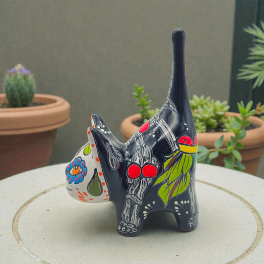 Talavera Cat Figurine | Day of the Dead Handcrafted Art - black hand-painted ceramic cat with floral and skeletal motifs, upright tail