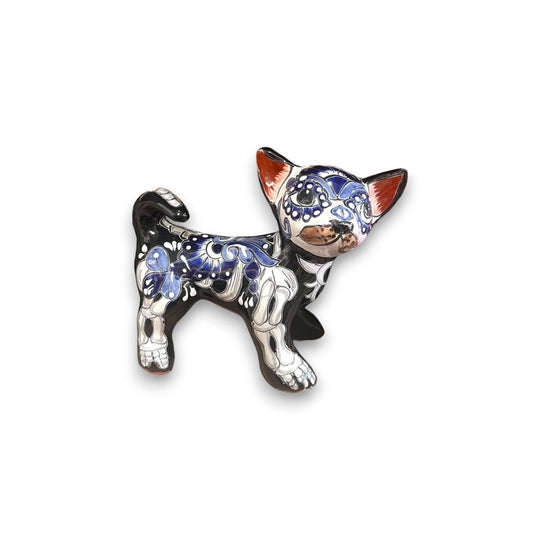 Handcrafted Talavera Chihuahua Statue | Medium Day of the Dead Pottery Art - hand-painted blue floral Talavera chihuahua figurine from Guanajuato