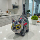 Talavera Cat Figurine | Day of the Dead Handcrafted Art colorful hand-painted Mexican Day of the Dead cat with floral skeletal motifs