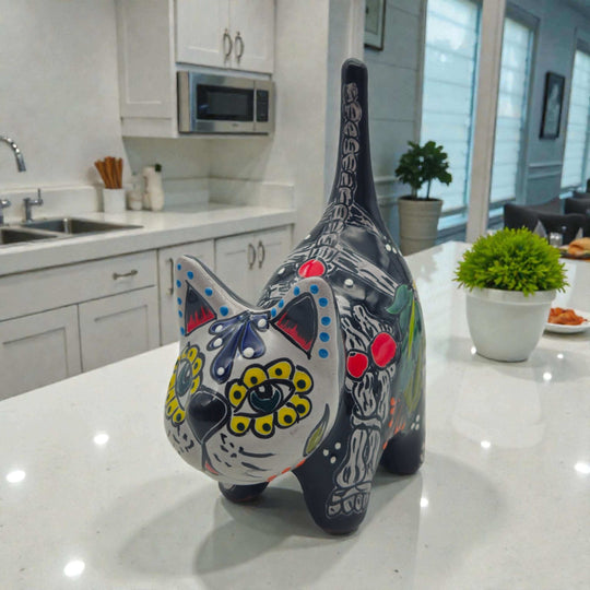 Talavera Cat Figurine | Day of the Dead Handcrafted Art colorful hand-painted Mexican Day of the Dead cat with floral skeletal motifs