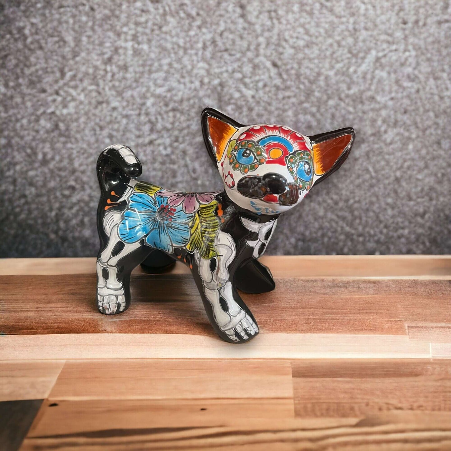 Handcrafted Talavera Chihuahua Statue | Medium Day of the Dead Pottery Art - hand-painted Talavera chihuahua with floral skull design