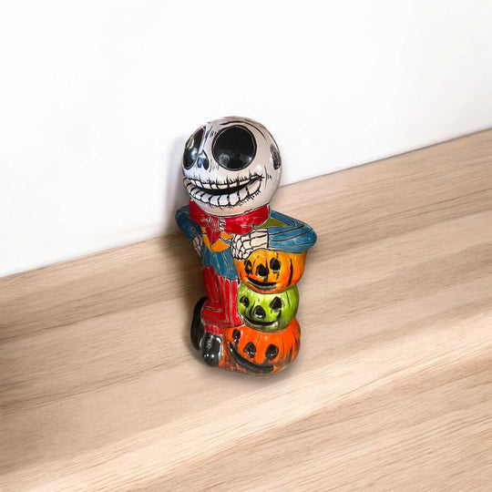 Handcrafted Talavera Skeleton Statue | Vibrant Day of the Dead Calavera Decor - hand-painted Mexican skull figure with colorful pumpkin stack