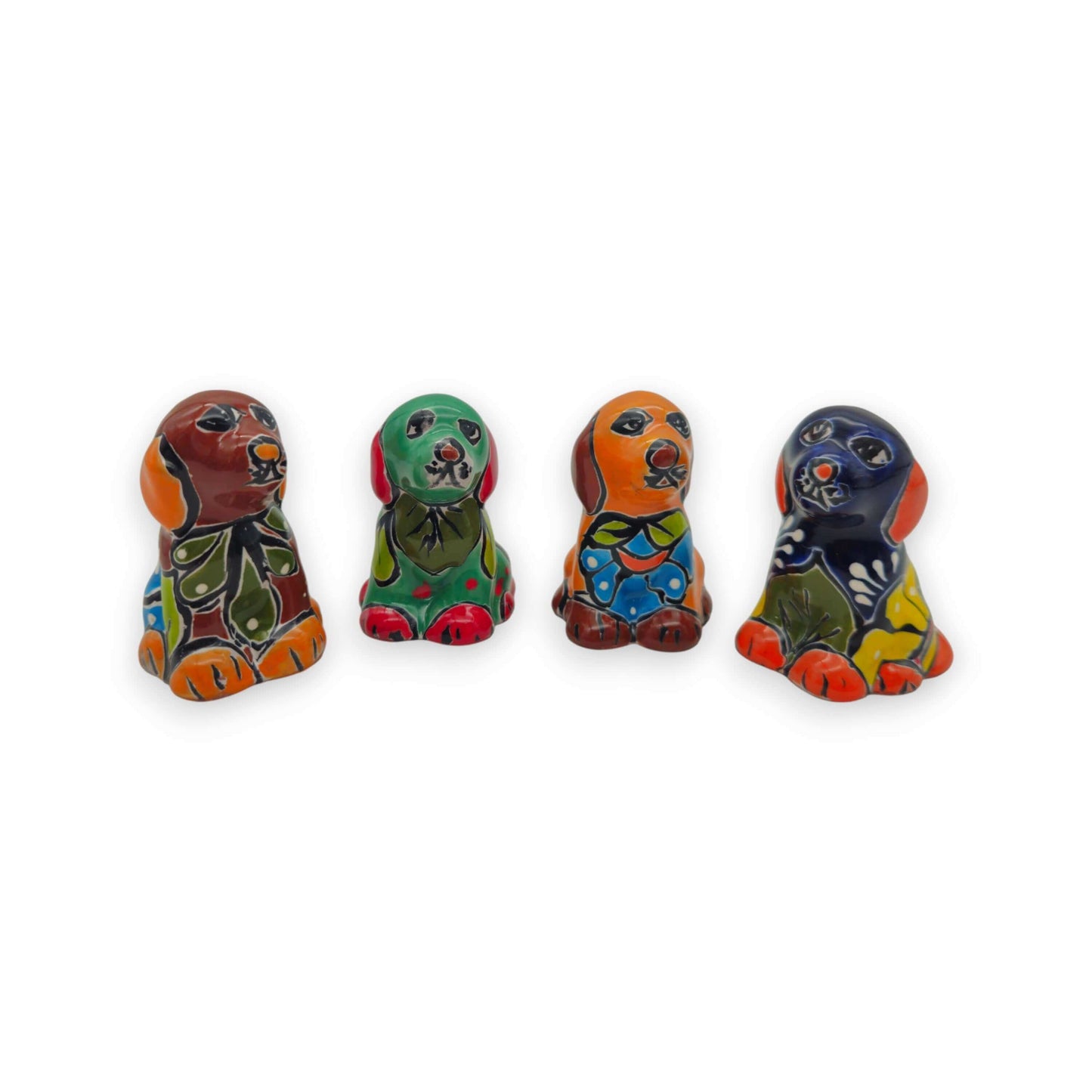 Colorful Talavera Dog Figurine Pair | Mexican Folk Art Decor - hand-painted ceramic dogs with bold blue yellow green floral patterns, set of two