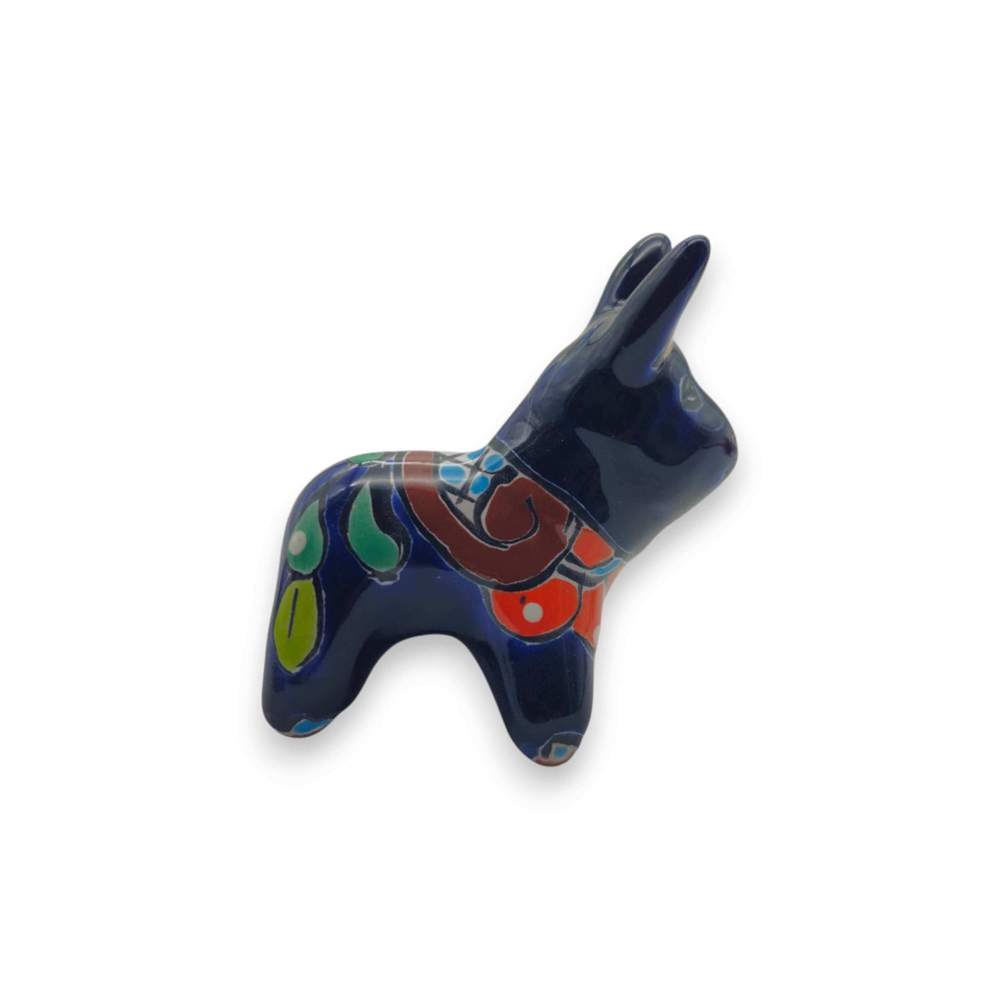 Mini Talavera Donkey Figurine | Handcrafted Mexican Pottery small glossy navy donkey with bright yellow blue green and orange floral patterns