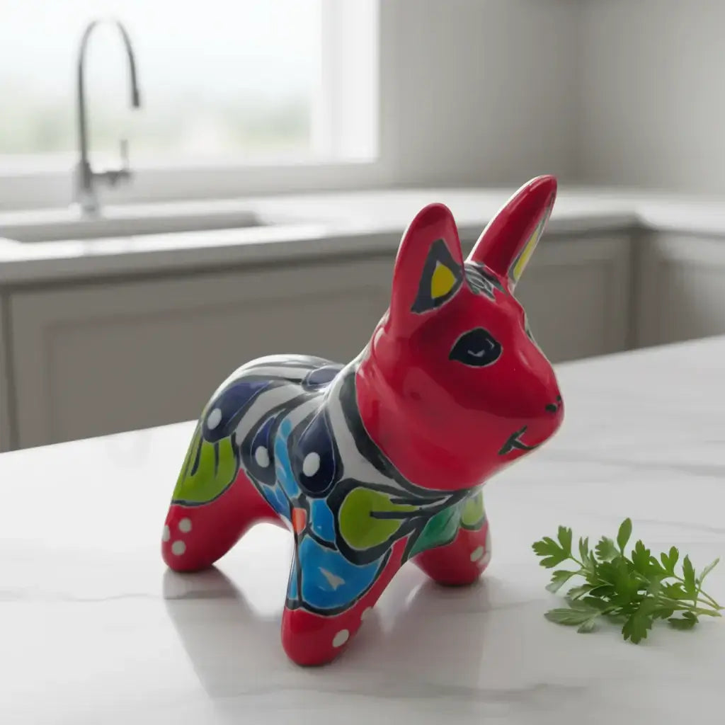 Mini Talavera Donkey Figurine | Handcrafted Mexican Pottery - small hand-painted red ceramic donkey with yellow, blue, green floral patterns