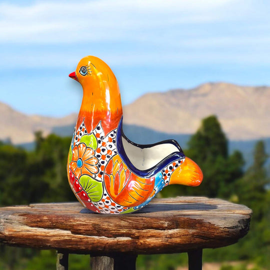 Talavera Dove Planter | Handcrafted Mexican Ceramic Bird Statue - hand-painted orange Talavera dove planter with floral motifs