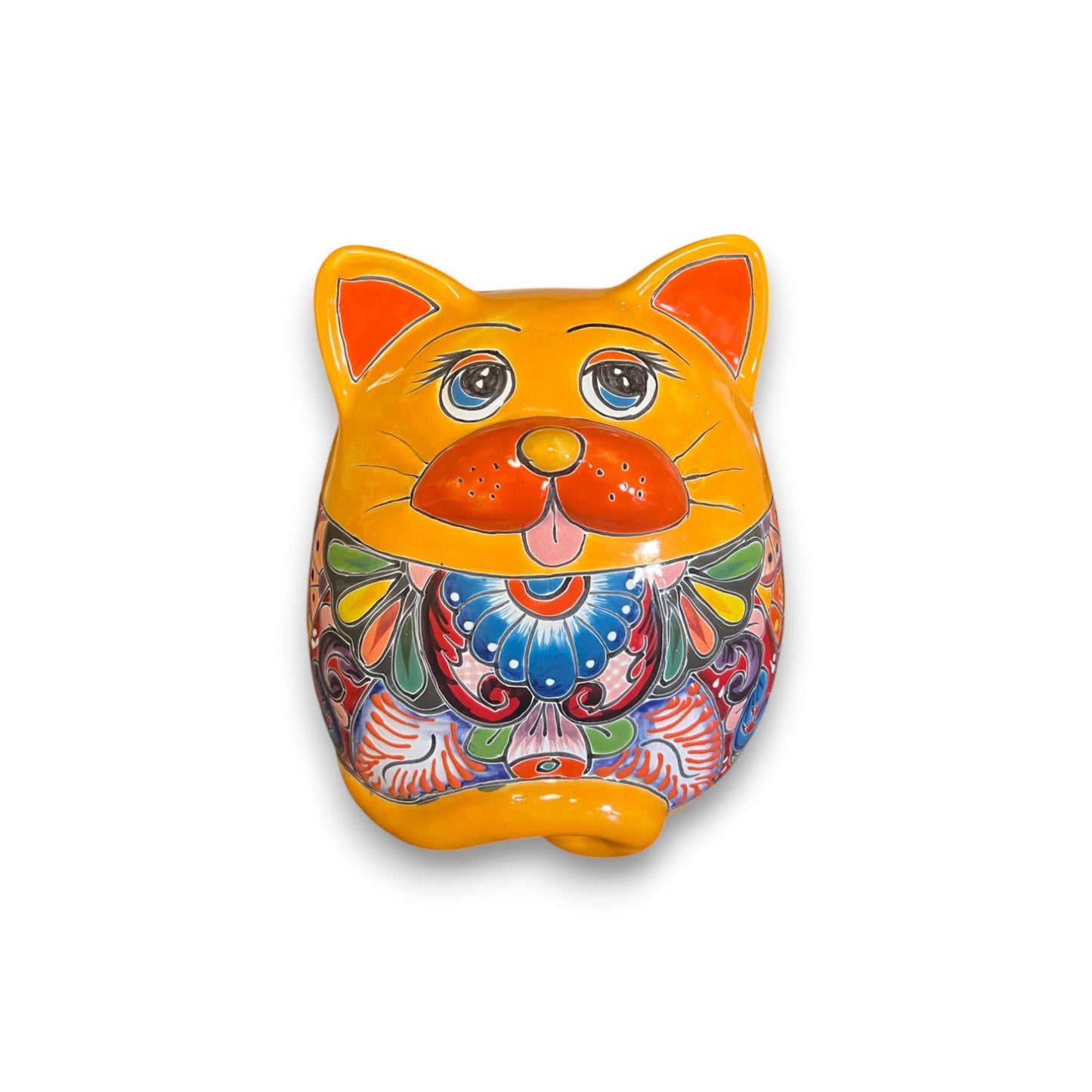 Talavera Cat Planter | Handcrafted Fat Cat Ceramic Pot - bright hand-painted Talavera cat wall planter from Guanajuato, kiln-fired lead-free glaze