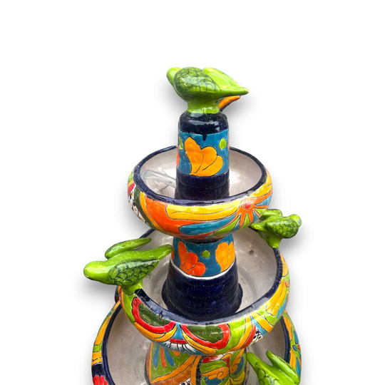 Handcrafted Talavera Fountain | Authentic Mexican Art (4ft Tall) - vibrant hand-painted 3-tier Talavera fountain with bird accents from Guanajuato, Mexico