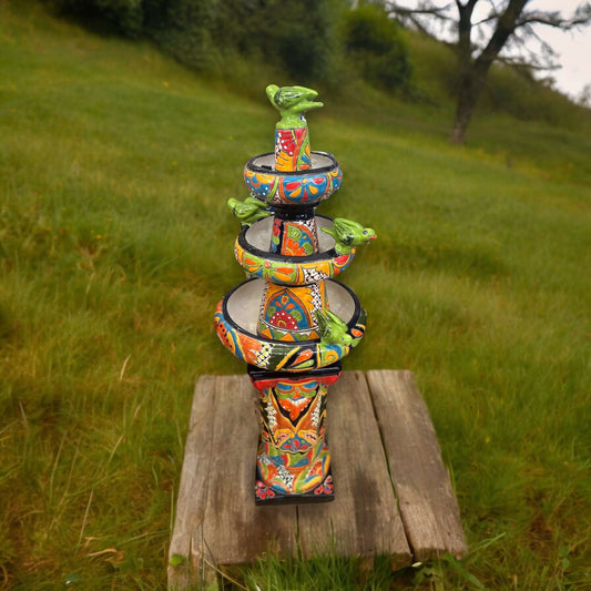 Handcrafted Talavera Fountain | Authentic Mexican Art (4ft Tall) - vibrant hand-painted Talavera tiered garden fountain with green bird spouts
