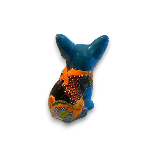 Vibrant Handcrafted Talavera French Bulldog Statue | Unique Medium Dog Sculpture - hand-painted blue and orange Talavera ceramic French bulldog, back view