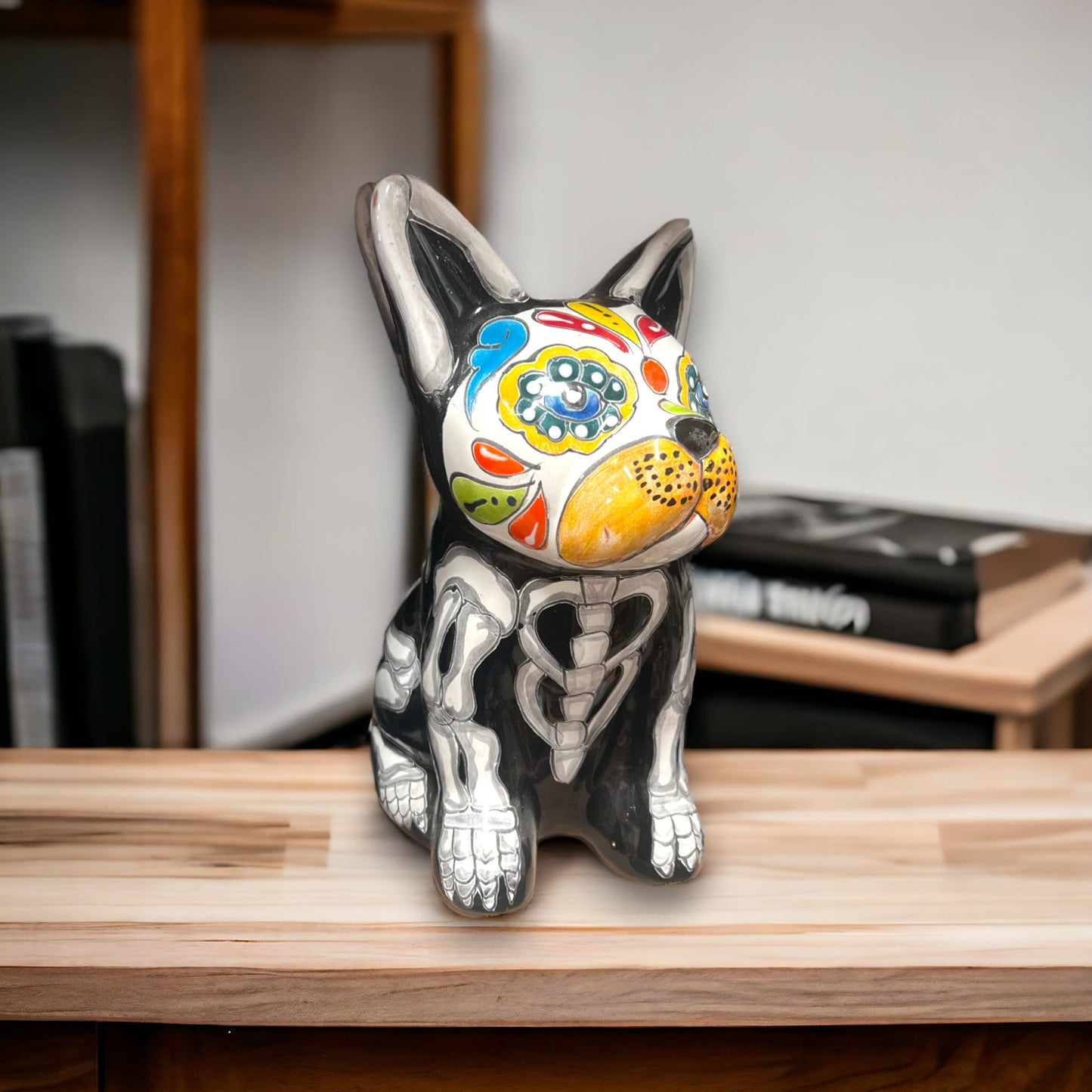 Handcrafted Talavera French Bulldog Statue | Vibrant Day of the Dead Decor (Medium)