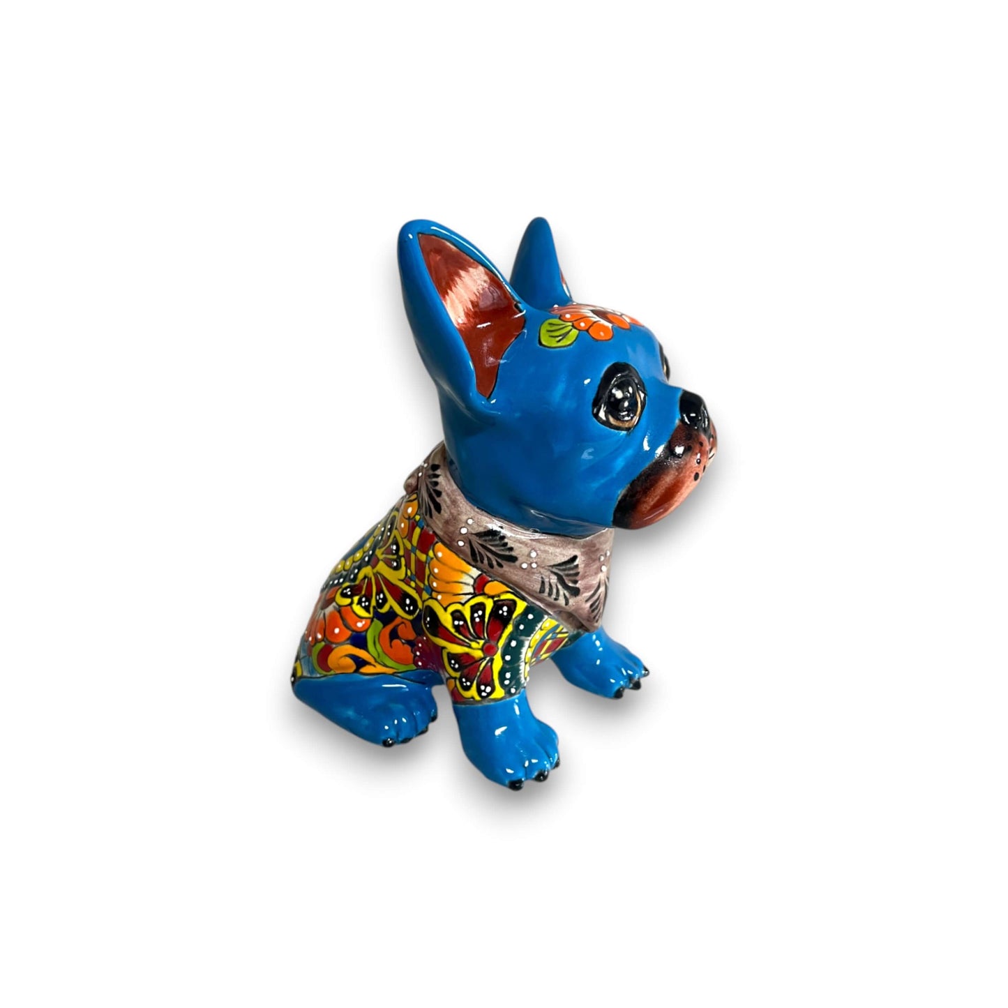 Talavera French Bulldog | Handcrafted Mexican Frenchie Statue - 9" hand-painted Talavera ceramic Frenchie figurine, vibrant blue, kiln-fired, lead-free glaze