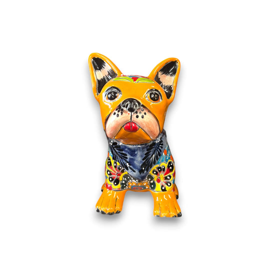Talavera French Bulldog | Handcrafted Mexican Frenchie Statue — 9" hand-painted Talavera ceramic Frenchie in vibrant yellow and floral patterns