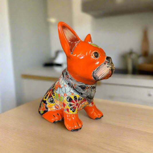 Talavera French Bulldog | Handcrafted Mexican Frenchie Statue handcrafted 9" vibrant orange Talavera ceramic Frenchie figurine, hand-painted