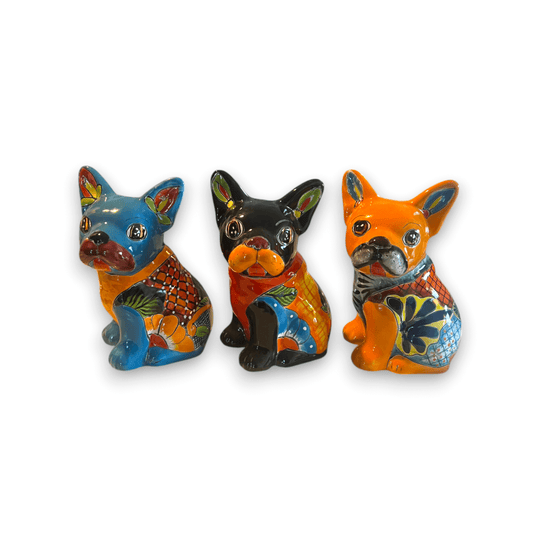 Vibrant Handcrafted Talavera French Bulldog Statue | Unique Medium Dog Sculpture - trio of colorful hand-painted Talavera French bulldog figurines
