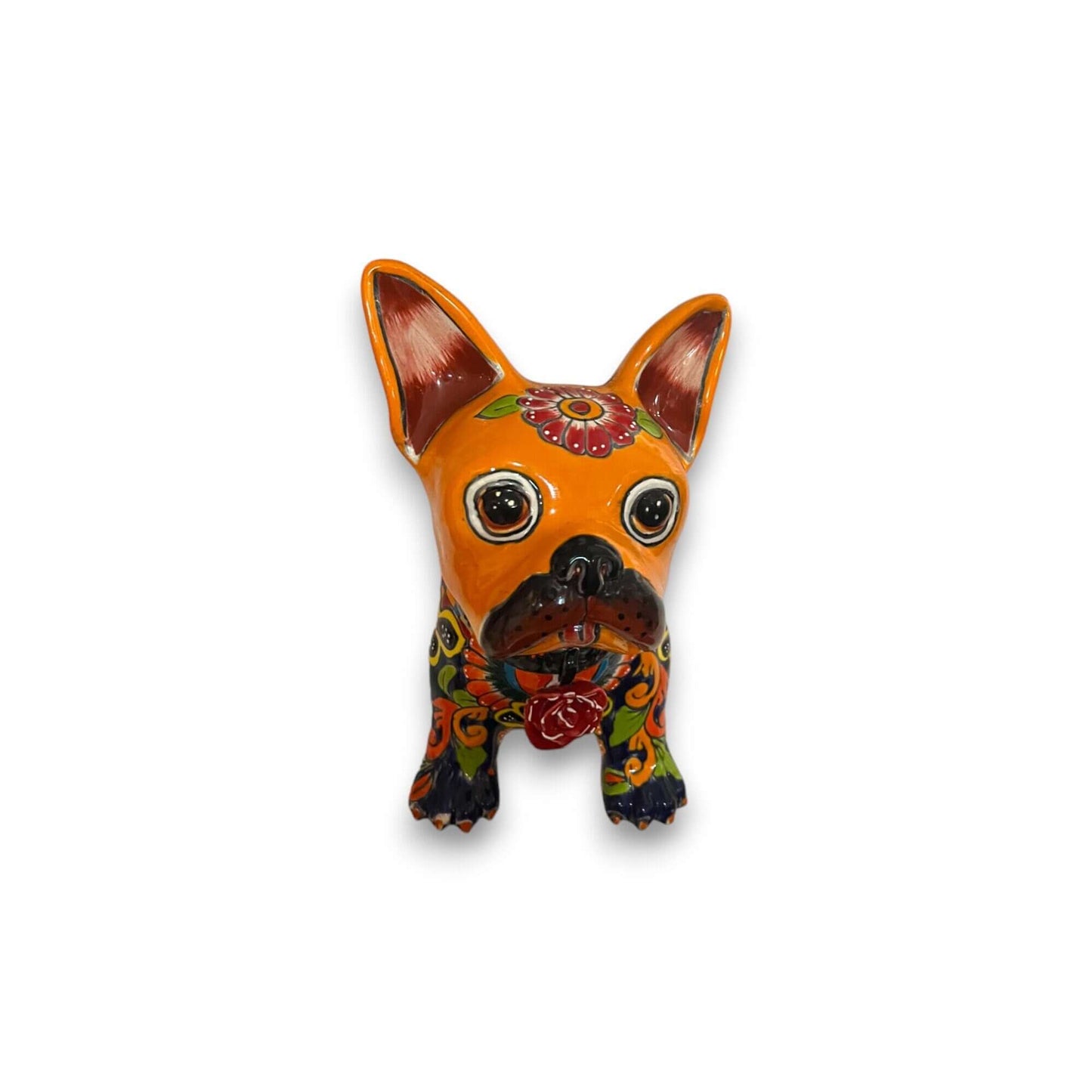 Colorful Talavera French Bulldog Statue | Handcrafted Wall Art (Medium) - handcrafted orange Talavera French bulldog wall sculpture with floral patterns