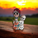 Handcrafted Talavera Frida Statue | Colorful Day of the Dead Calavera Skull Decor on wooden table with sunset background, hand-painted Talavera skull figurine